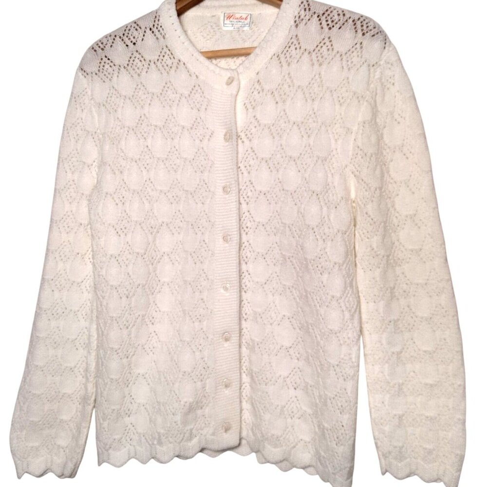 Vintage Wintuk Cardigan Sweater Women White Diamond Open Knit Granny Grannycore